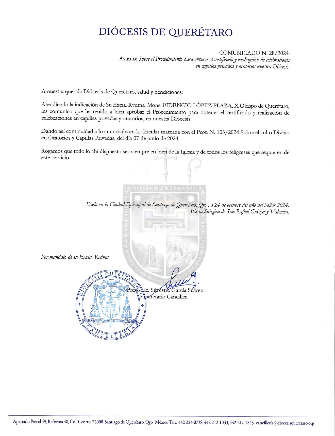 COMUNICADO N. 28/2024. Asunto: Sobre el Procedimiento para obtener el certificado y realización de celebraciones en capillas privadas y oratorios nuestra Diócesis. 2